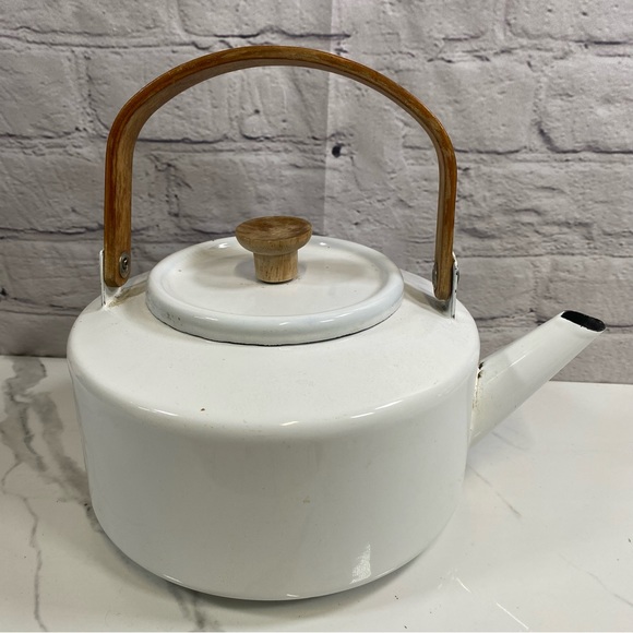 Kitchen Vintage Tea Kettle Stovetop White Enamel Wood Handle